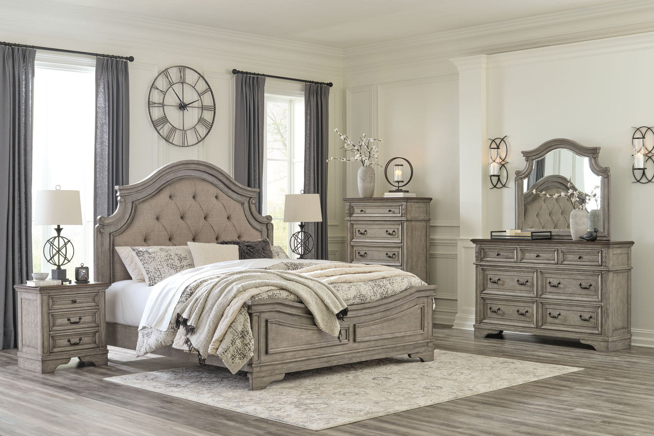 Lodenbay King Panel Bed with Mirrored Dresser, Chest and Nightstand