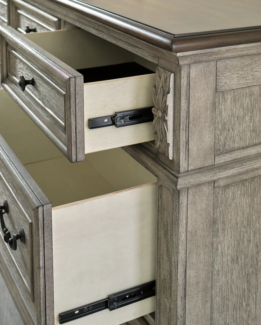 Lodenbay King Panel Bed with Mirrored Dresser, Chest and Nightstand