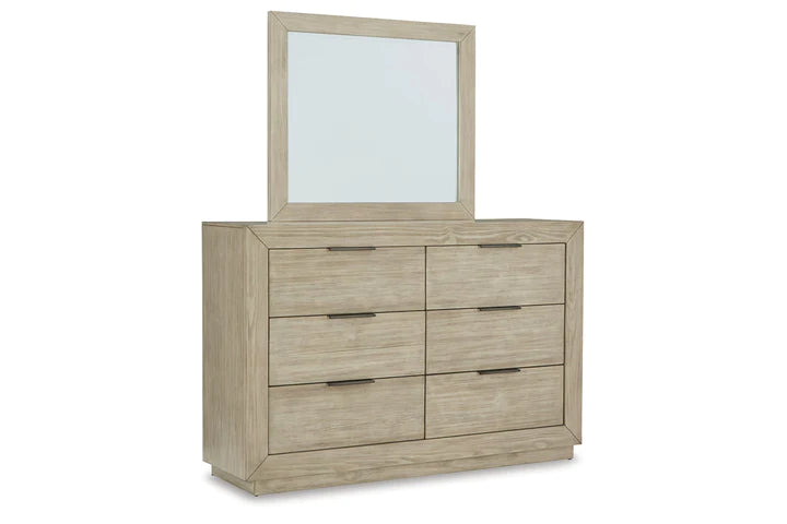 Hennington King Upholstered Bed with Mirrored Dresser, Drawer, and Nightstand