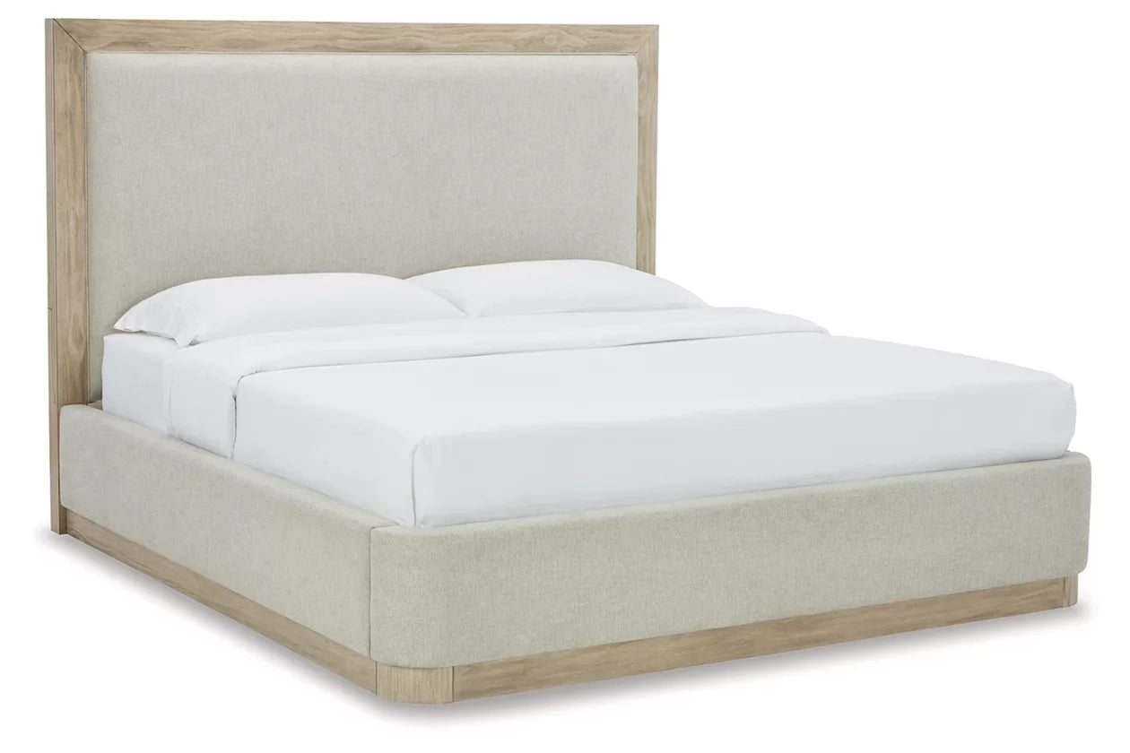 Hennington King Upholstered Bed with Mirrored Dresser, Drawer, and Nightstand