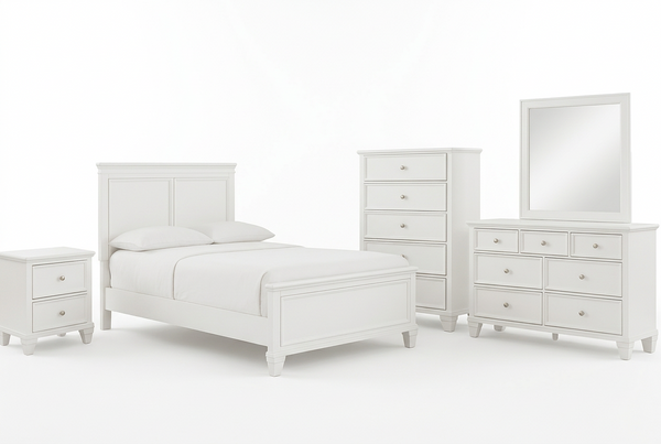 Fortman Queen Bed With Mirrored Dresser, Chest and Nightstand;White
