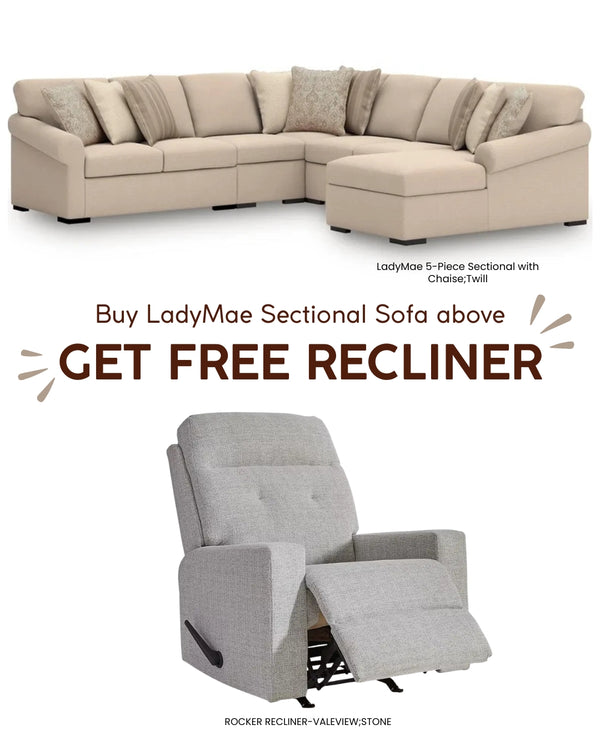 LadyMae 5-Piece Sectional with Chaise;Twill + Free Valeview Rocker Recliner;Stone