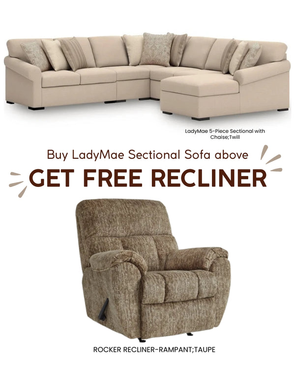 LadyMae 5-Piece Sectional with Chaise;Twill + Free Rampant Rocker Recliner; Taupe
