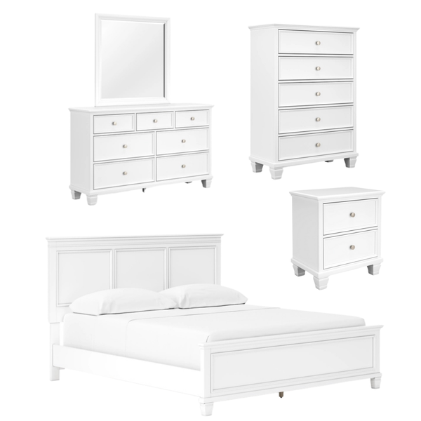 Fortman King Bed With Mirrored Dresser, Chest and Nightstand;White