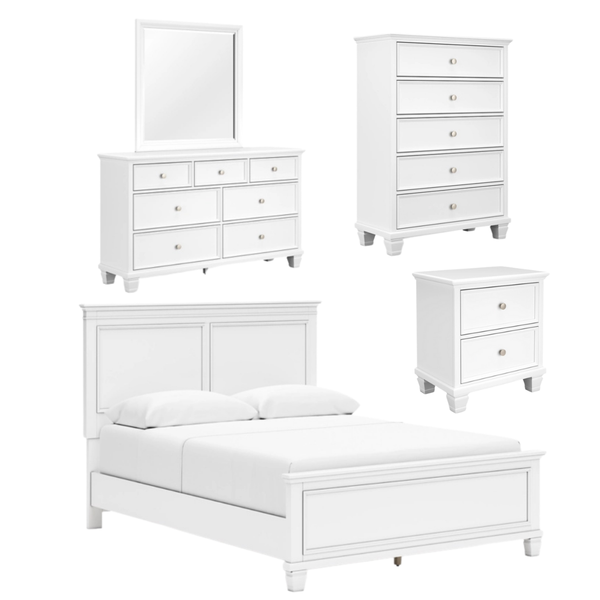 Fortman Queen Bed With Mirrored Dresser, Chest and Nightstand;White