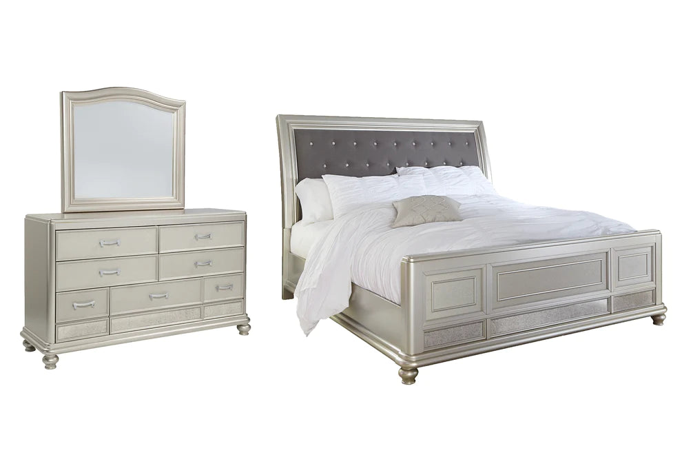 Coralayne King Upholstered Sleigh Bed with Mirrored Dresser - Ashley Furniture - Brunei