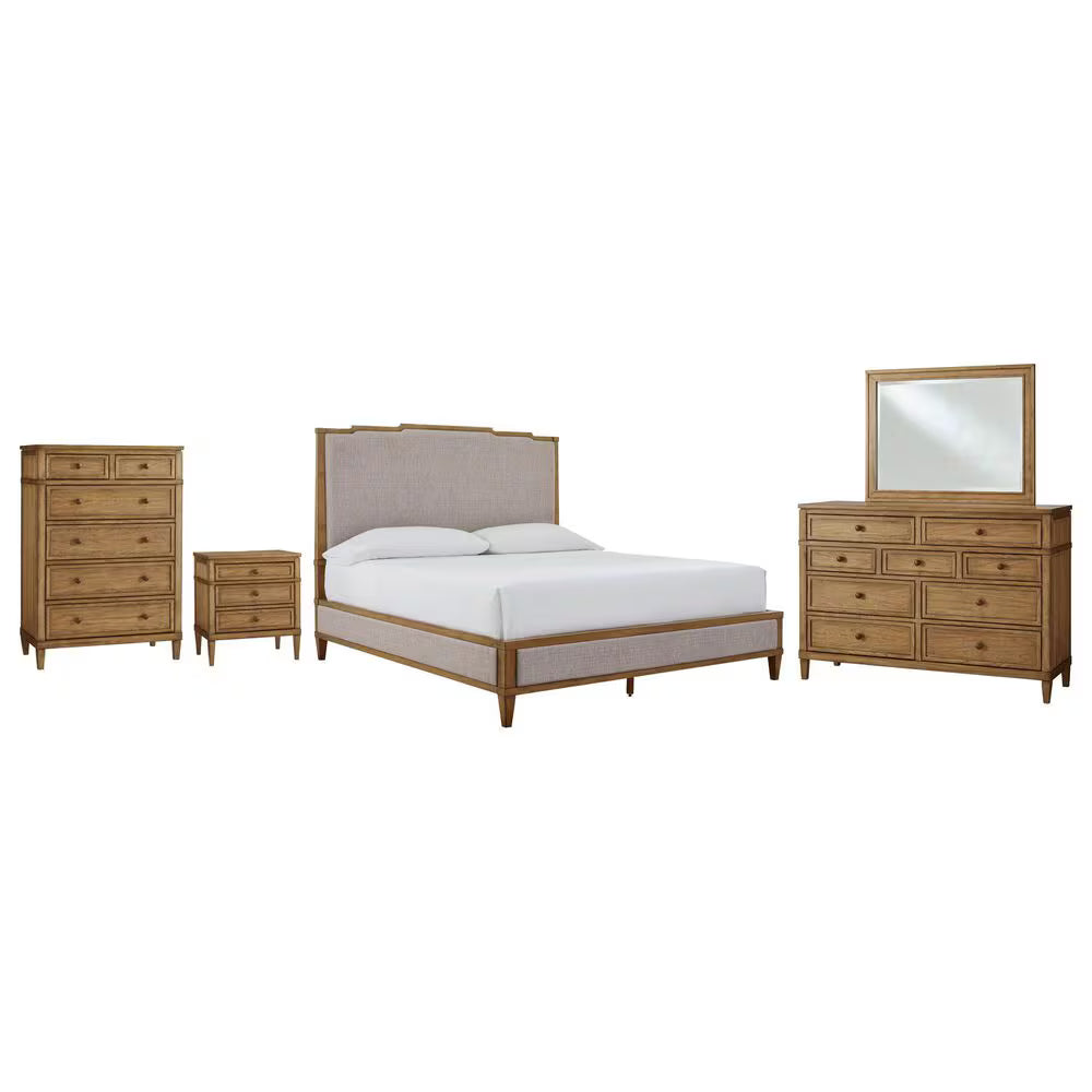 Sharlance 5-Piece King Panel Bedroom Set; Light Brown