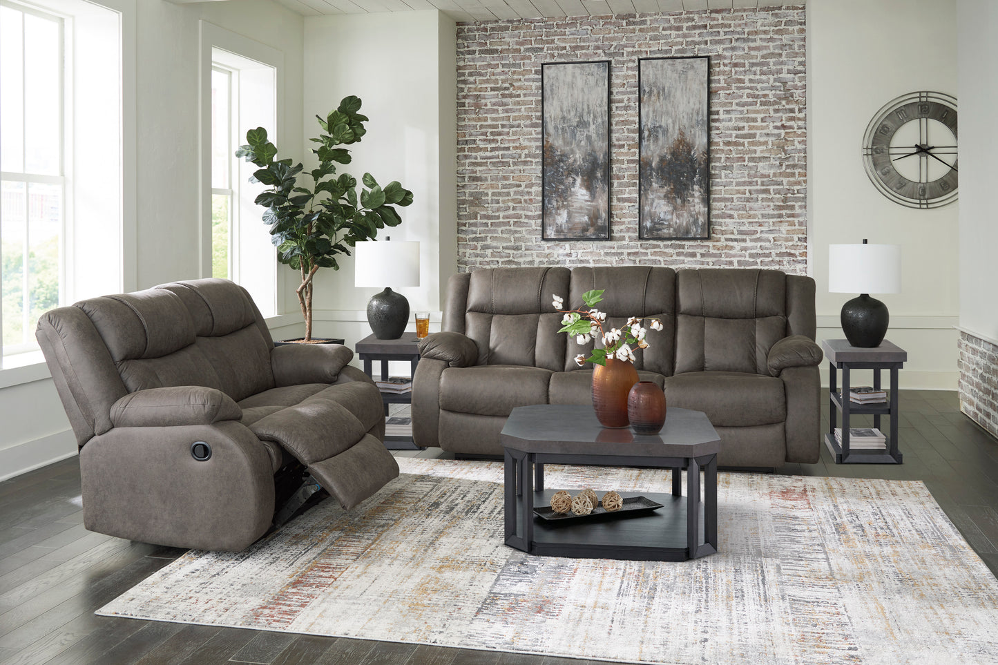 First Base Reclining Sofa and Loveseat;Gunmetal