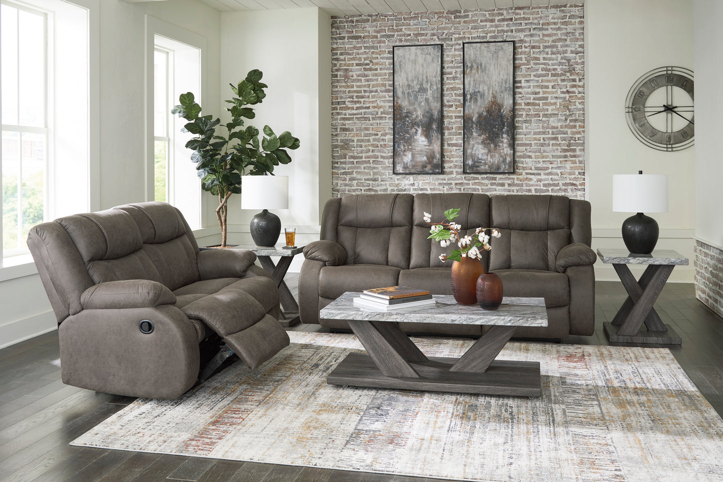 First Base Reclining Sofa and Loveseat;Gunmetal