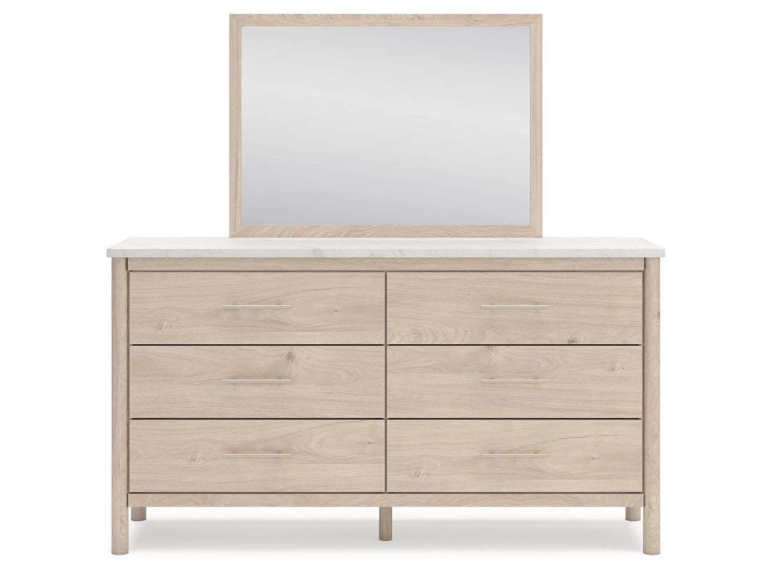 Cadmori King Upholstered Panel Bed with Mirrored Dresser, Chest and Nightstand; Brown
