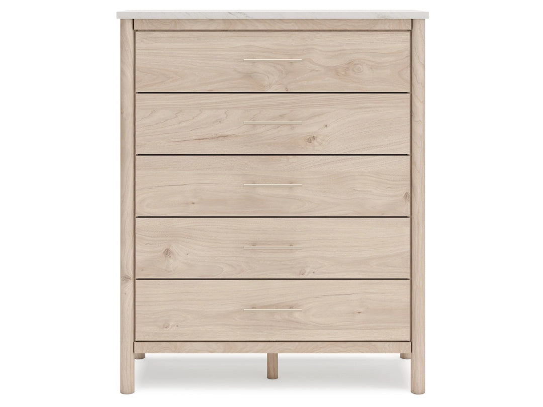 Cadmori King Upholstered Panel Bed with Mirrored Dresser, Chest and Nightstand; Brown