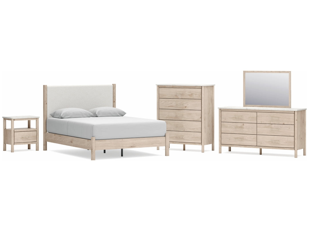 Cadmori King Upholstered Panel Bed with Mirrored Dresser, Chest and Nightstand; Brown