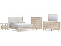 Cadmori King Upholstered Panel Bed with Mirrored Dresser, Chest and Nightstand; Brown