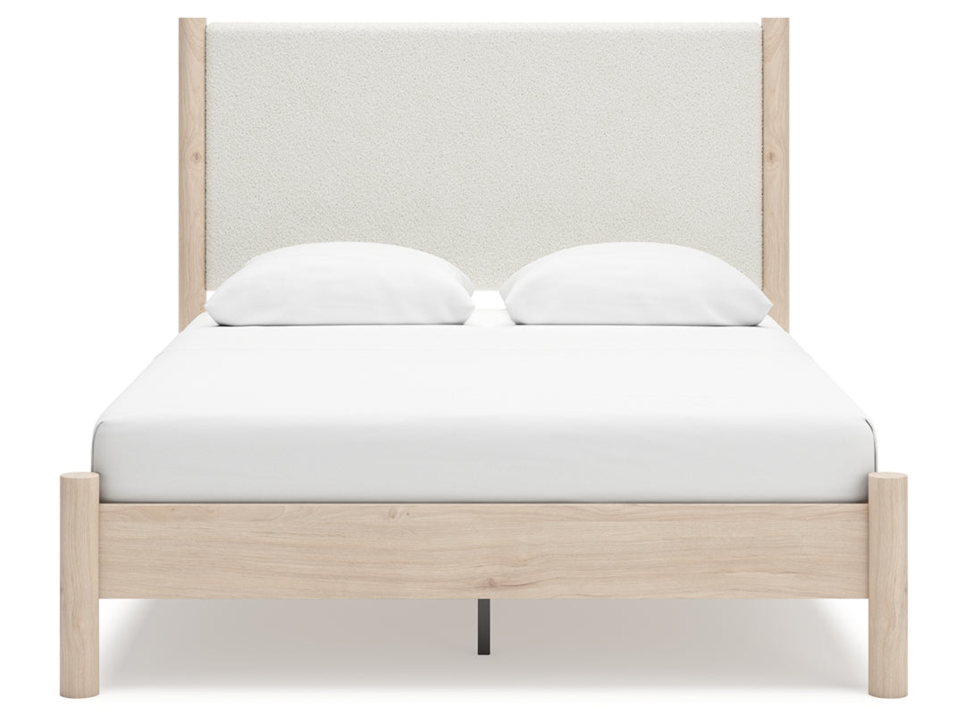 Cadmori King Upholstered Panel Bed with Mirrored Dresser, Chest and Nightstand; Brown
