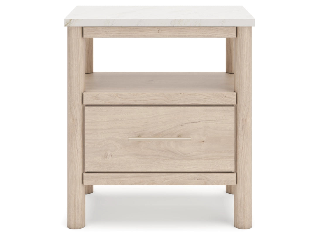 Cadmori King Upholstered Panel Bed with Mirrored Dresser, Chest and Nightstand; Brown