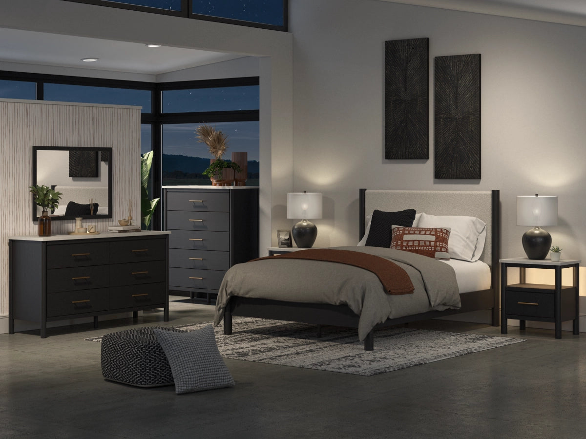 Fargenta King Upholstered Panel Bed with Mirrored Dresser, Chest