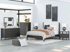 Fargenta Queen Upholstered Panel Bed with Mirrored Dresser, Chest and Nightstand;BLACK/WHITE