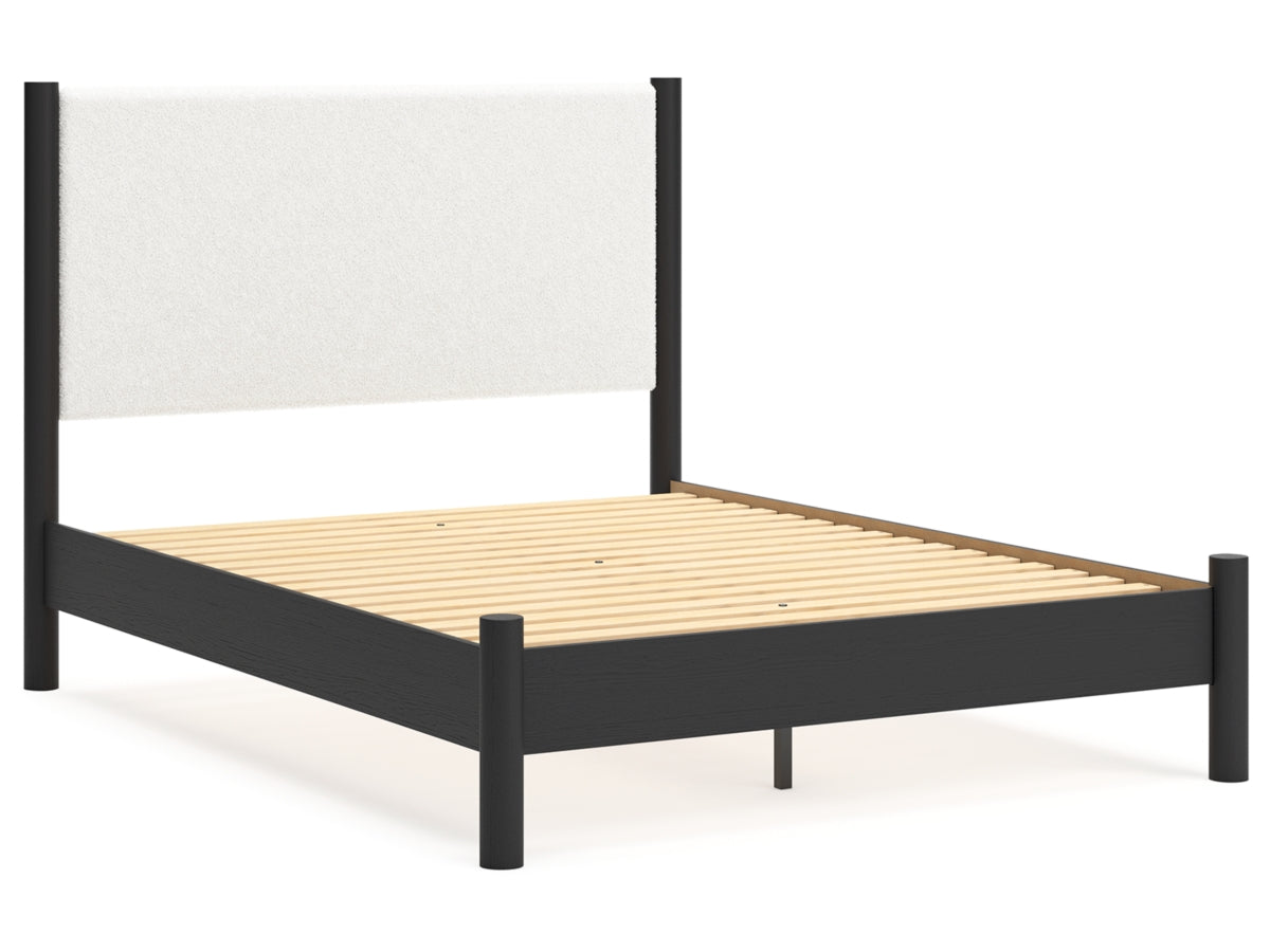 Fargenta Queen Upholstered Panel Bed with Mirrored Dresser, Chest and Nightstand;BLACK/WHITE