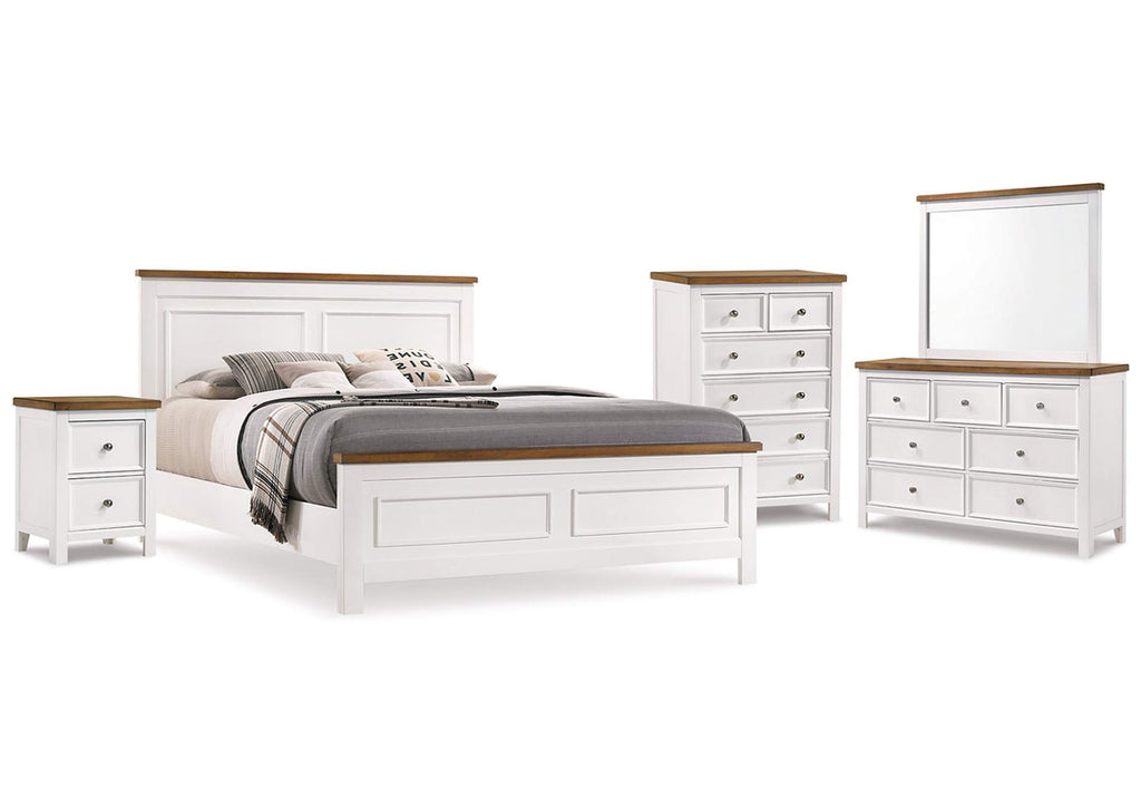Westconi King Panel Bed with Mirrored Dresser, Chest and Nightstand