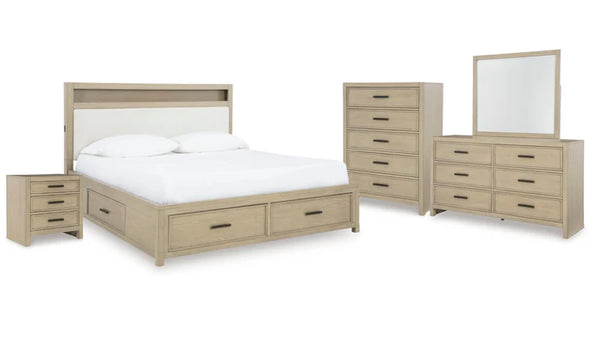 Calmoro Queen UPH Panel Bookcase Bed Set; Gray Wash