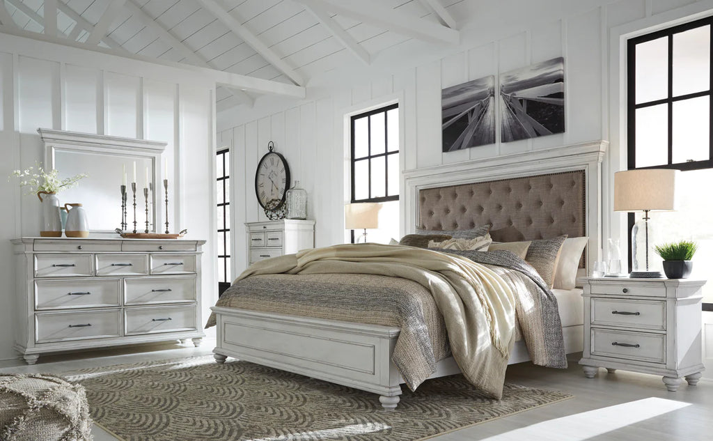 Kanwyn Queen Upholstered Panel Bed, Dresser, and Nightstand