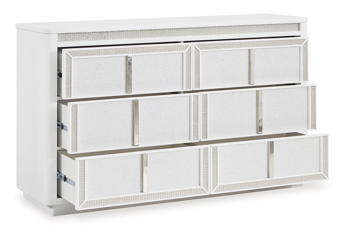 Chalanna King Panel Bed with Mirrored Dresser and Two Drawer Night Stand;WHITE