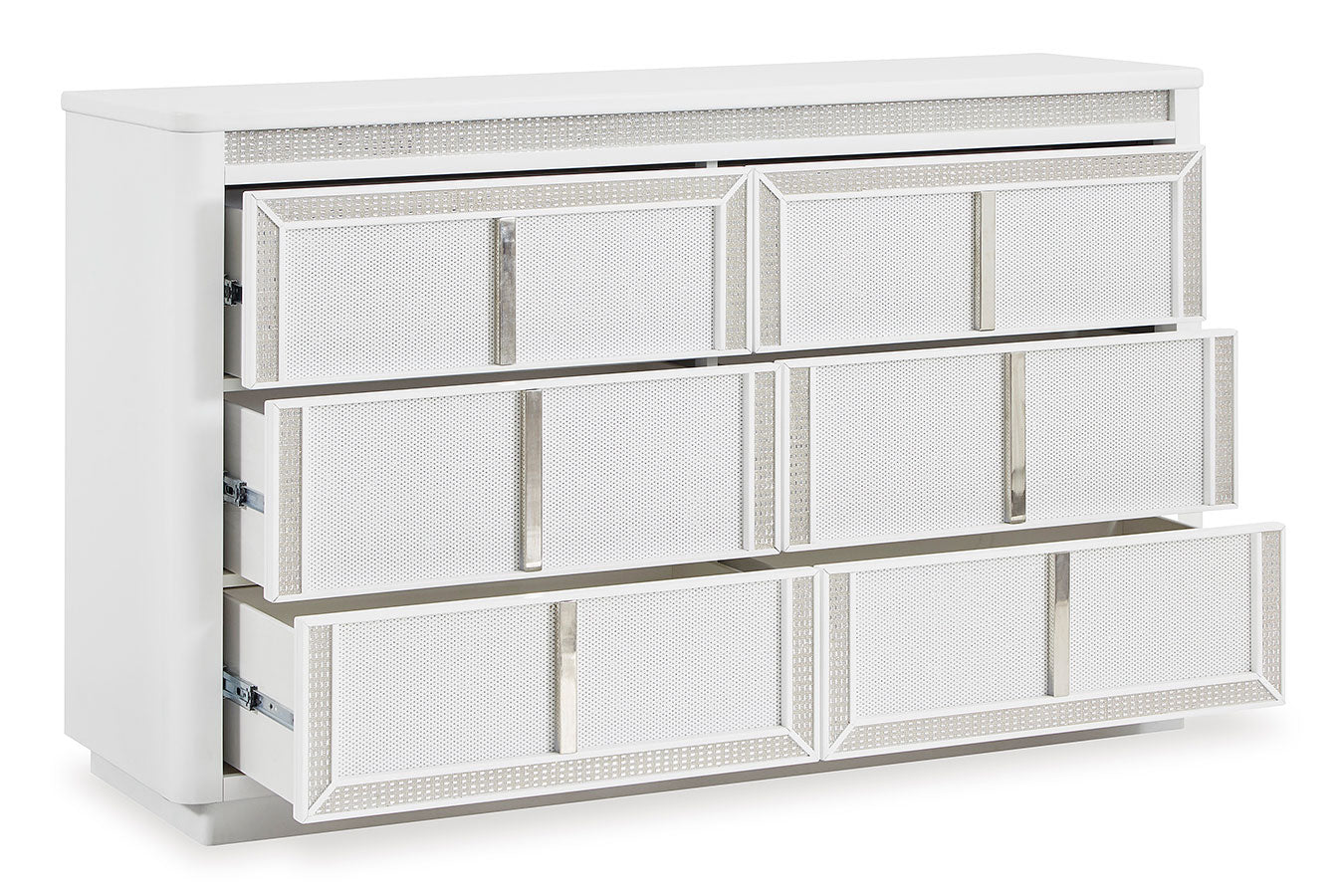 Chalanna King Panel Bed with Mirrored Dresser and Two Drawer Night Stand;WHITE