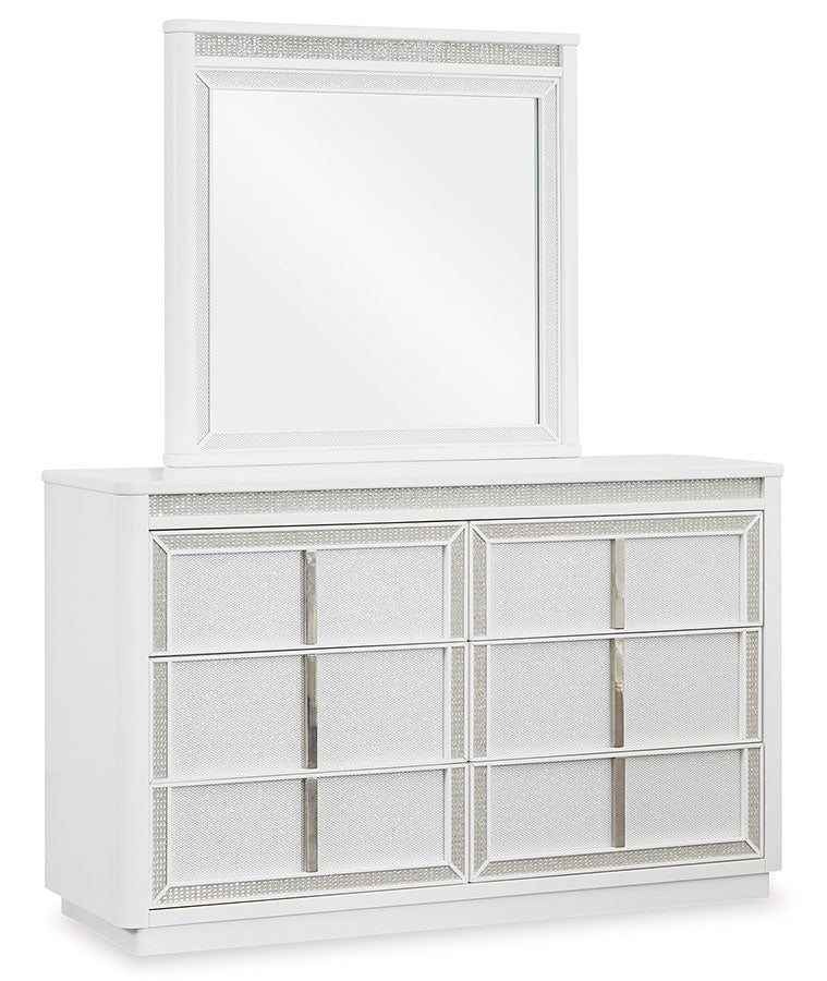 Chalanna King Panel Bed with Mirrored Dresser and Two Drawer Night Stand;WHITE