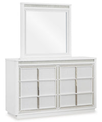 Chalanna King Panel Bed with Mirrored Dresser and Two Drawer Night Stand;WHITE