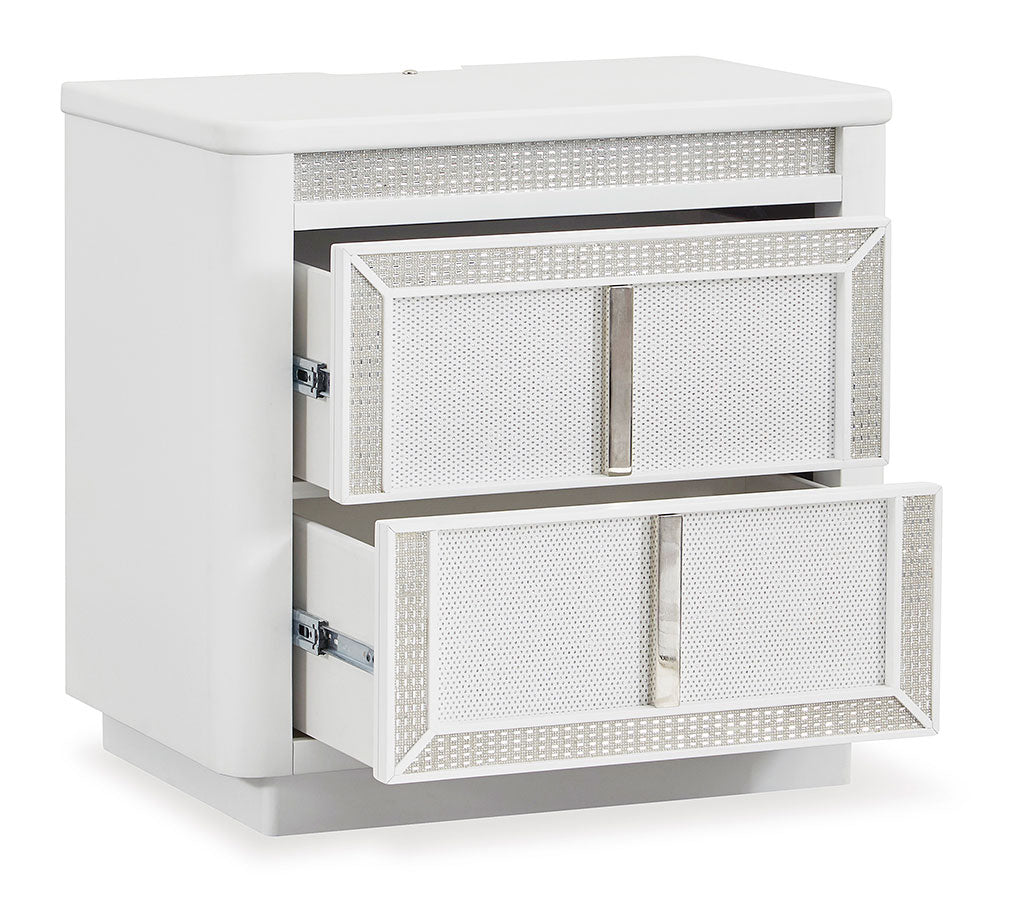 Chalanna King Panel Bed with Mirrored Dresser and Two Drawer Night Stand;WHITE