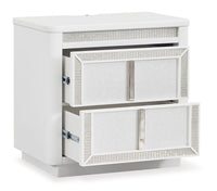 Chalanna King Panel Bed with Mirrored Dresser and Two Drawer Night Stand;WHITE