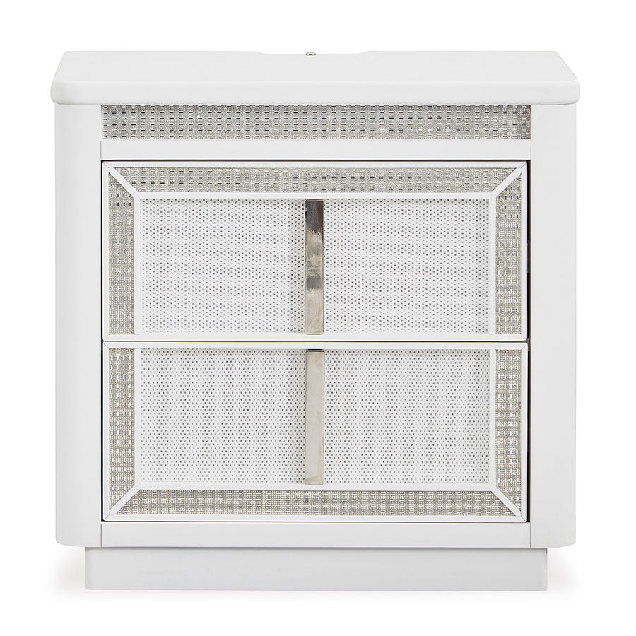 Chalanna King Panel Bed with Mirrored Dresser and Two Drawer Night Stand;WHITE