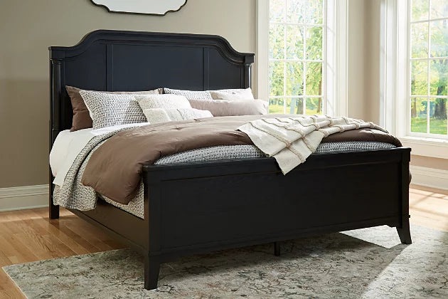 Welltern California King Panel Bed with 9 Drawer Dresser, 5 Chest Drawers, 3 Drawer Nightstand and Bedroom Mirror