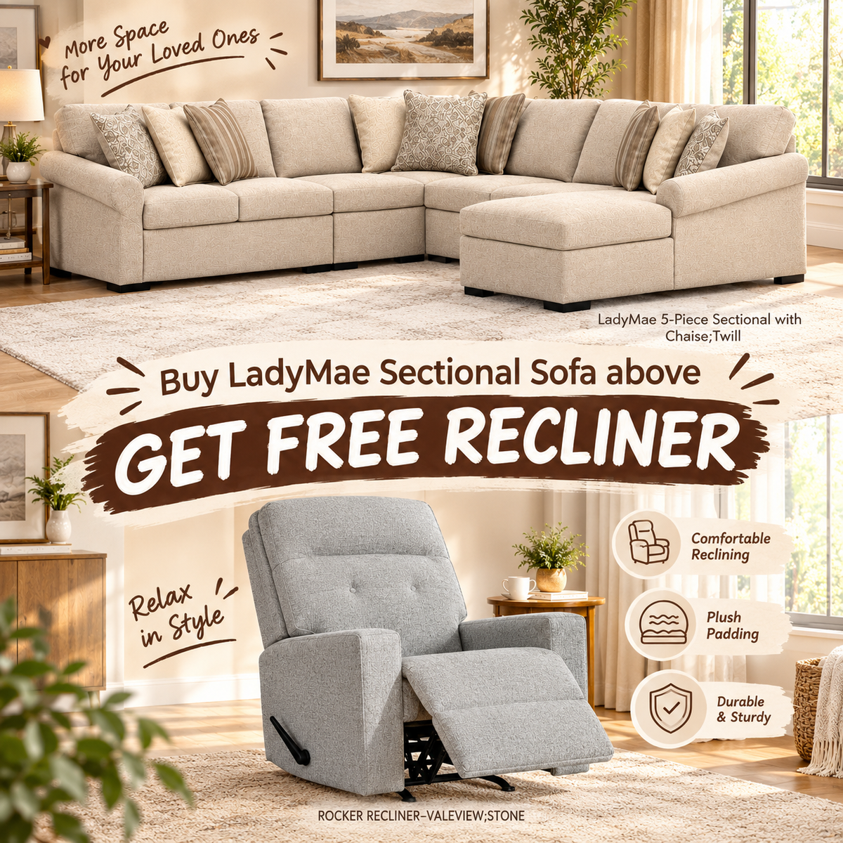 LadyMae 5-Piece Sectional with Chaise;Twill + Free Valeview Rocker Recliner;Stone