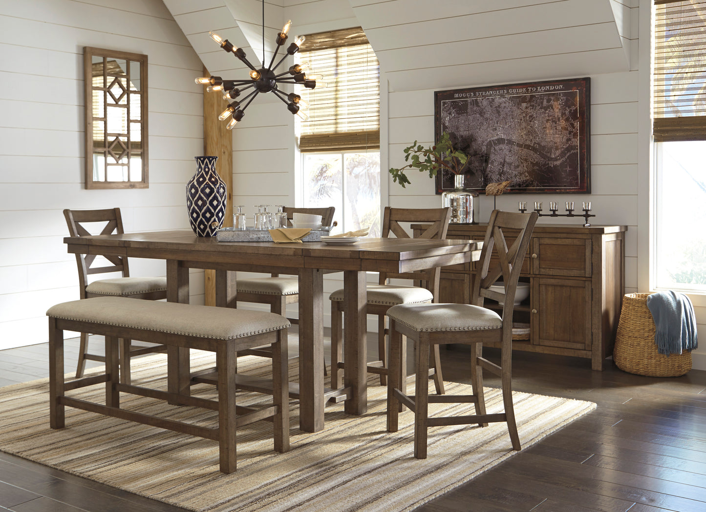Moriville Counter Height Dining Table with 4 Barstools, Bench, and Server - Ashley Furniture - Brunei