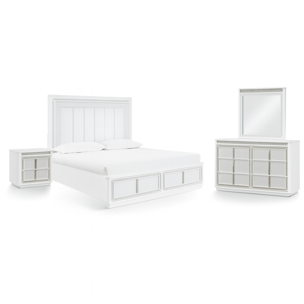 Chalanna King Panel Bed with Mirrored Dresser and Two Drawer Night Stand;WHITE
