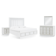 Chalanna King Panel Bed with Mirrored Dresser and Two Drawer Night Stand;WHITE