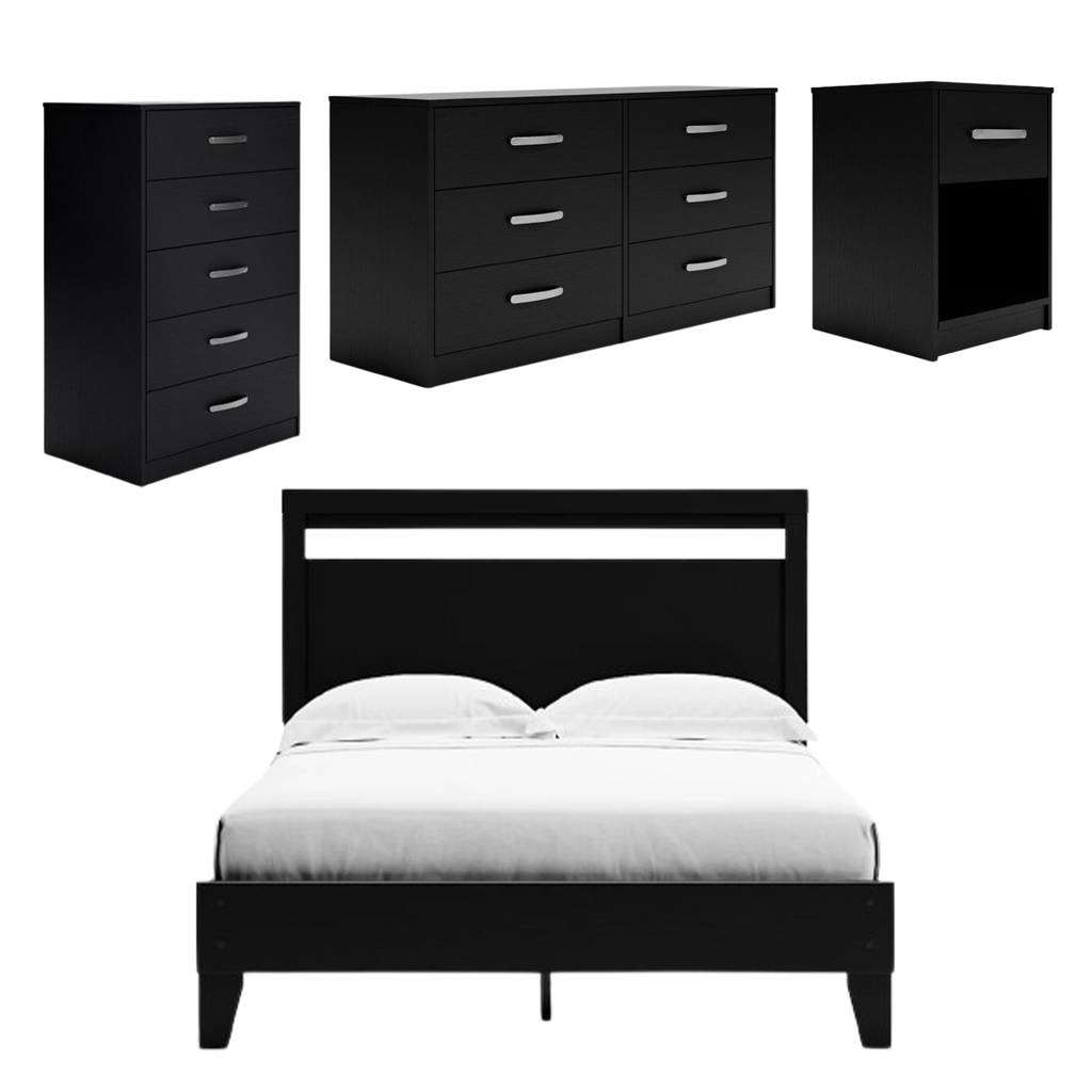 Finch Queen Panel Platform and Head Board with 6 Drawer Dresser, 5 Drawer Chest, and 1 Drawer Night Stand