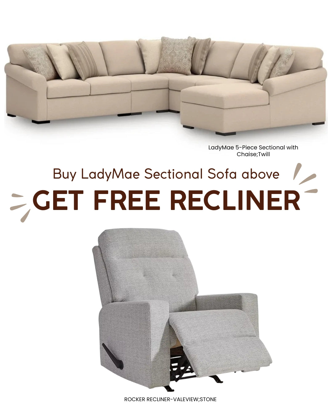 LadyMae 5-Piece Sectional with Chaise;Twill + Free Valeview Rocker Recliner;Stone