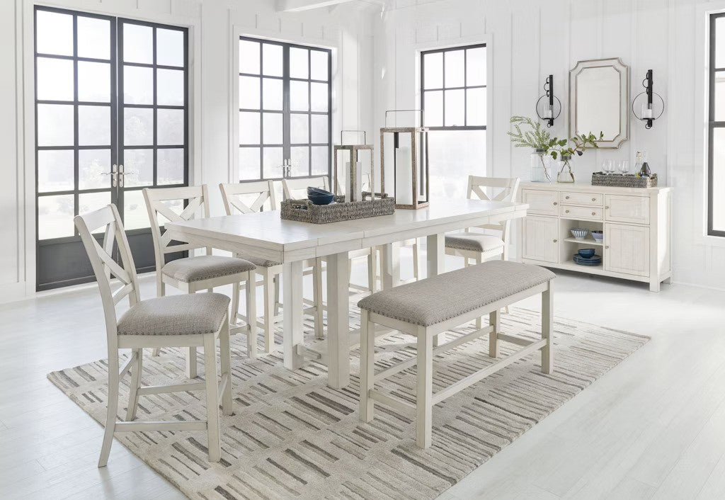 Robbinsdale Dining Set with Bench And Six Chairs; Antique White