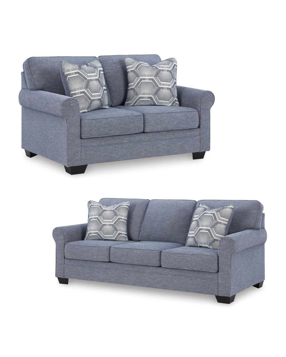 Carissa Manor Sofa and Loveseat; Denim