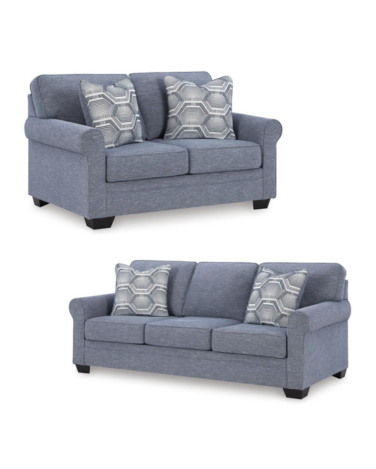 Carissa Manor Sofa and Loveseat; Denim
