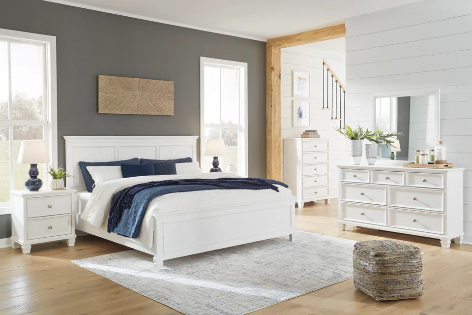 Fortman King Bed With Mirrored Dresser, Chest and Nightstand;White