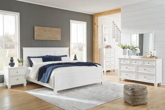 Fortman King Bed With Mirrored Dresser, Chest and Nightstand;White