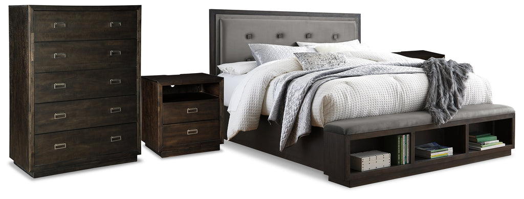 Hyndell King Upholstered Panel Storage Bed, Chest and 2 Nightstands