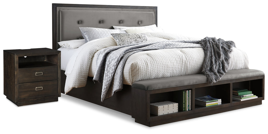 Hyndell King Upholstered Storage Bed and Nightstand