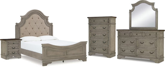 Lodenbay King Panel Bed with Mirrored Dresser, Chest and Nightstand;ANTIQUE GRAY/BROWN