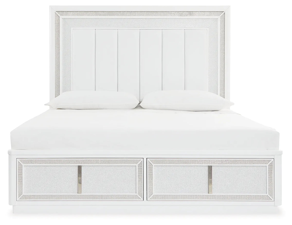 Chalanna King Panel Bed with Mirrored Dresser and Two Drawer Night Stand;WHITE