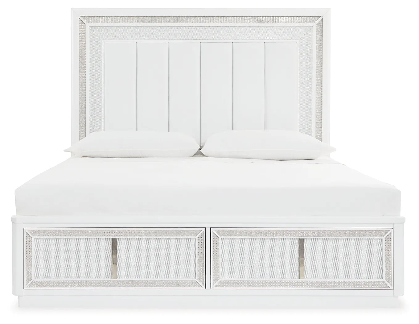 Chalanna King Panel Bed with Mirrored Dresser and Two Drawer Night Stand;WHITE