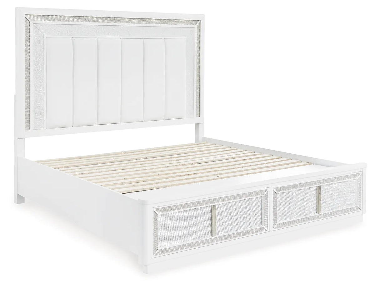 Chalanna King Panel Bed with Mirrored Dresser and Two Drawer Night Stand;WHITE